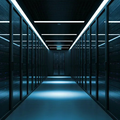 Glass-walled data centre hallway